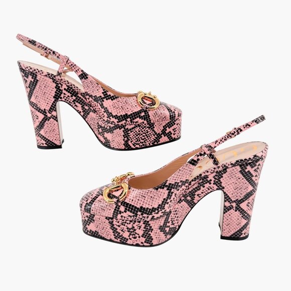 Gucci Baby 120 Horsebit Platform Pumps EU 38.5 US 8.5 Pink Python Slingback Heel - Picture 11 of 13